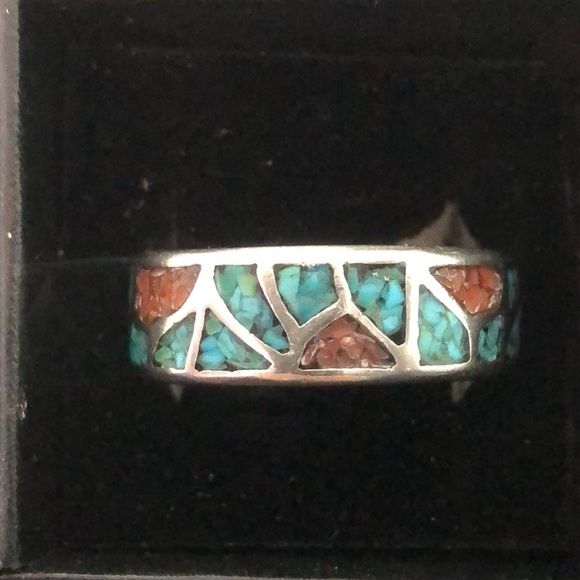 Southwest Native Sterling Silver Crushed Turquoise Coral Mosaic Ring Sz 12-1/2 - Picture 16 of 17
